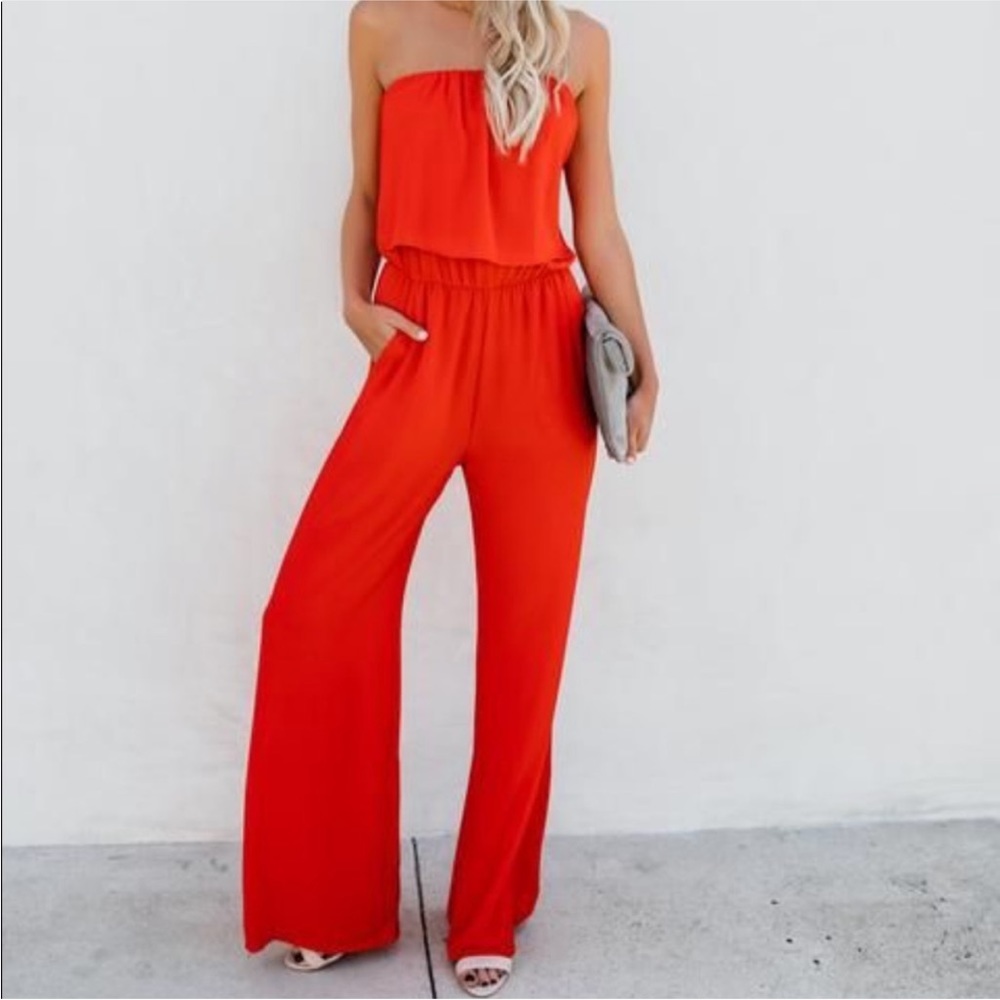 Vici Supreme Red Strapless Jumpsuit wide leg with Pockets
